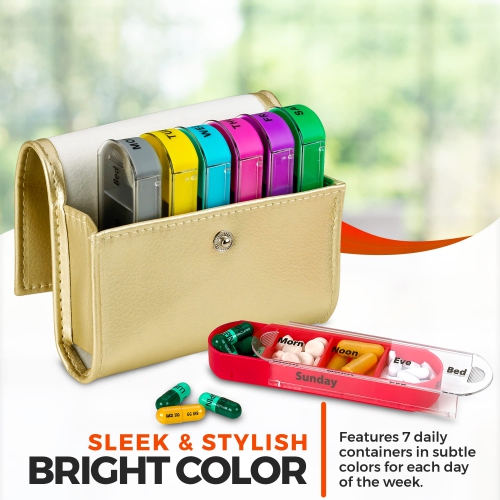 Weekly Travel Pill Organizer - Prescription and Medication Wallet Pill Box Reminder, Pill Container Dispenser Case, Vitamin Caddy Organizer, for 4