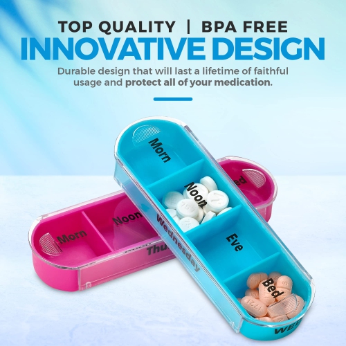 Weekly Travel Pill Organizer - Prescription and Medication Wallet Pill Box Reminder, Pill Container Dispenser Case, Vitamin Caddy Organizer, for 4