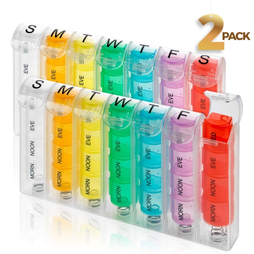 Weekly Pill Organizer - Pill Planners for Pills & Vitamins Each Day Week, Four Times-a-Day Medication Reminder, Easy to Read AM/PM Compartments