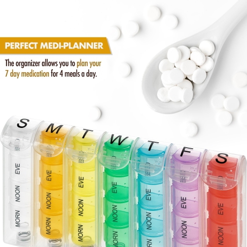 Weekly Pill Organizer - Pill Planners for Pills & Vitamins Each Day Week, Four Times-a-Day Medication Reminder, Easy to Read AM/PM Compartments