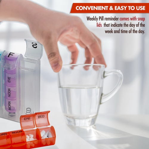 Weekly Pill Organizer - Pill Planners for Pills & Vitamins Each Day Week, Four Times-a-Day Medication Reminder, Easy to Read AM/PM Compartments