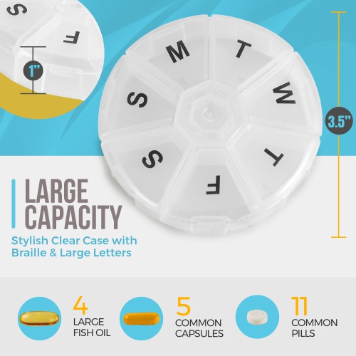 Weekly Pill Organizer - 7 Day Pills Container, Round Medicine Organizer Box, Daily Week Pill Reminder Case Travel Friendly, BPA-Free Vitamin,