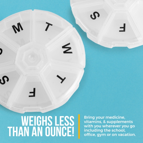 Weekly Pill Organizer - 7 Day Pills Container, Round Medicine Organizer Box, Daily Week Pill Reminder Case Travel Friendly, BPA-Free Vitamin,