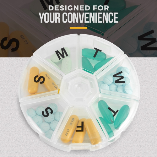 Weekly Pill Organizer - 7 Day Pills Container, Round Medicine Organizer Box, Daily Week Pill Reminder Case Travel Friendly, BPA-Free Vitamin,