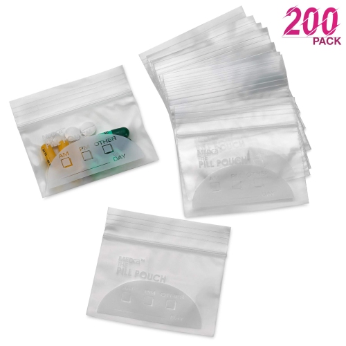 Pill Pouch Bags - 3" x 2.75" - BPA Free, Poly Bag Disposable Zipper Pills Baggies, Daily AM PM Travel Medicine Best Clear Reusable with Write-on