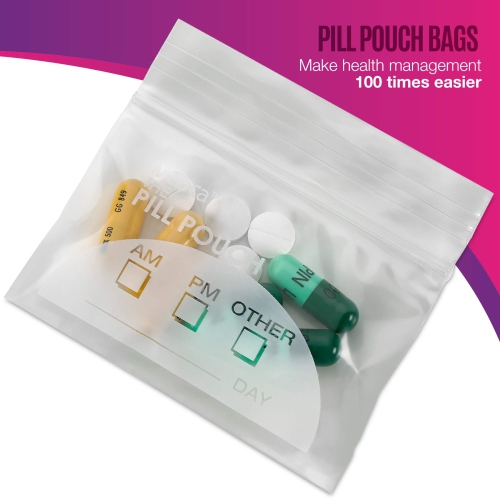 Pill Pouch Bags - 3" x 2.75" - BPA Free, Poly Bag Disposable Zipper Pills Baggies, Daily AM PM Travel Medicine Best Clear Reusable with Write-on