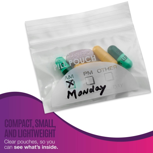 Pill Pouch Bags - 3" x 2.75" - BPA Free, Poly Bag Disposable Zipper Pills Baggies, Daily AM PM Travel Medicine Best Clear Reusable with Write-on