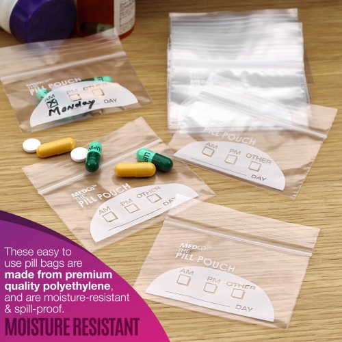 Pill Pouch Bags - 3" x 2.75" - BPA Free, Poly Bag Disposable Zipper Pills Baggies, Daily AM PM Travel Medicine Best Clear Reusable with Write-on