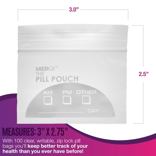 Pill Pouch Bags - 3" x 2.75" - BPA Free, Poly Bag Disposable Zipper Pills Baggies, Daily AM PM Travel Medicine Best Clear Reusable with Write-on