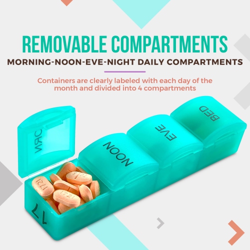 Month Pill Box Organizer - 4 Times-a-Day Morning-Noon-Evening-Night - Large 32 Daily Pill Cases with Compartments for Vitamins, Supplements,