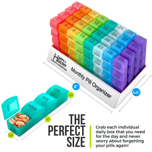 Month Pill Box Organizer - 4 Times-a-Day Morning-Noon-Evening-Night - Large 32 Daily Pill Cases with Compartments for Vitamins, Supplements,