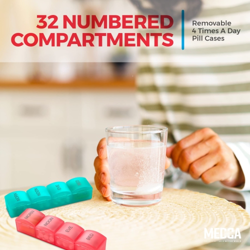 Month Pill Box Organizer - 4 Times-a-Day Morning-Noon-Evening-Night - Large 32 Daily Pill Cases with Compartments for Vitamins, Supplements,