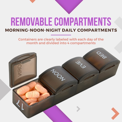 Month Pill Box Organizer - 4 Times-a-Day Morning-Noon-Evening-Night - Large 32 Daily Pill Cases with Compartments for Vitamins, Supplements,