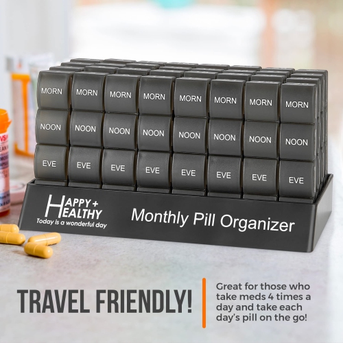 Month Pill Box Organizer - 4 Times-a-Day Morning-Noon-Evening-Night - Large 32 Daily Pill Cases with Compartments for Vitamins, Supplements,
