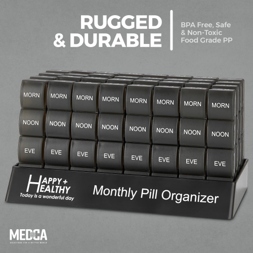 Month Pill Box Organizer - 4 Times-a-Day Morning-Noon-Evening-Night - Large 32 Daily Pill Cases with Compartments for Vitamins, Supplements,