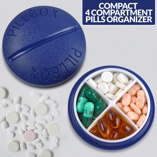 Boîte à pilules ronde pour le voyage - Mini compact portable à 4 compartiments pilulier organisateur, porte-distributeur de vitamines et de
