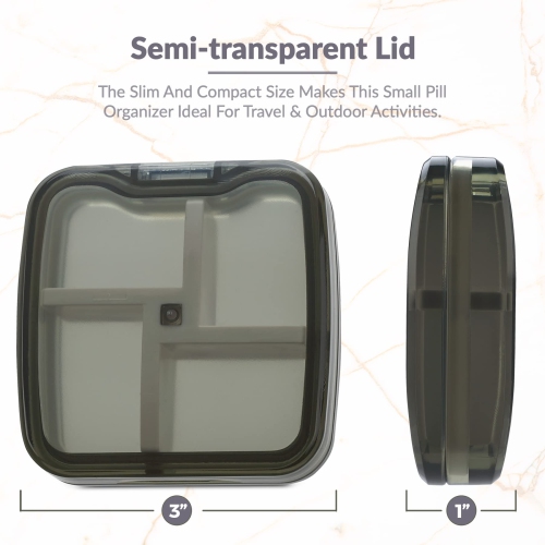 Compact Pill Box Organizer - Portable Waterproof Medicine Organizer and Daily Pill Container with Removable 4 Compartment Divider - Durable ABS