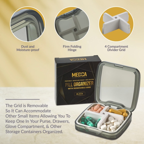 Compact Pill Box Organizer - Portable Waterproof Medicine Organizer and Daily Pill Container with Removable 4 Compartment Divider - Durable ABS