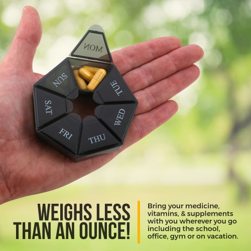 Weekly Pill Organizer - 7-Day Pill Container - Arthritis Friendly Portable & Compact Travel Case Daily Compartment Medicine Pills Box for