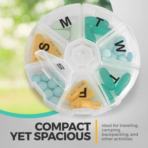 Large Weekly Pill Organizer - Daily Pill Cases, Round Pill Organizer 7 Day Container, Medicine Planner, Pill Reminder, BPA-Free for Pills Vitamins