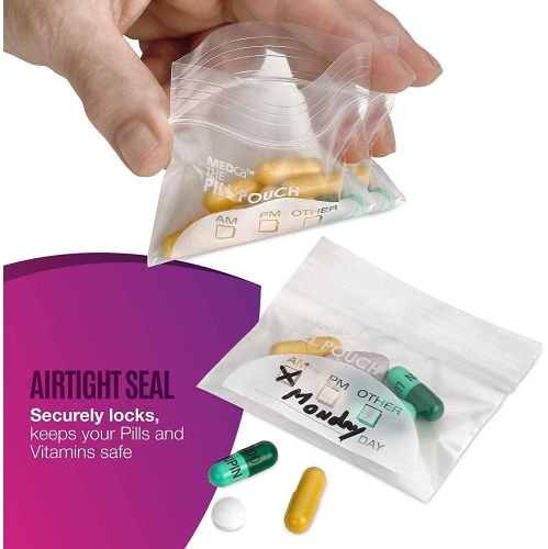 Pill Pouch Bags - 3" x 2.75" - BPA Free, Poly Bag Disposable Zipper Pills Baggies, Daily AM PM Travel Medicine Organizer Storage Pouches