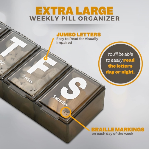 Weekly Pill Organizer - Extra Large with Easy to Read Jumbo Letters Vitamin Container, BPA Free - Daily Travel 7 Day Medication Pill Box Case,