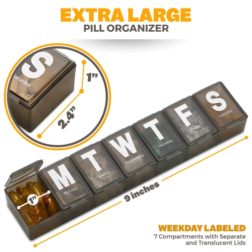 Weekly Pill Organizer - Extra Large with Easy to Read Jumbo Letters Vitamin Container, BPA Free - Daily Travel 7 Day Medication Pill Box Case,