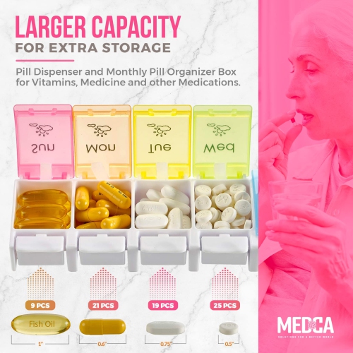 7 Day AM PM Pill Organizer – with Push Button Assisted Open A Daily Travel Pill Box Case Planner and Large Compartments for Medication Vitamins– by
