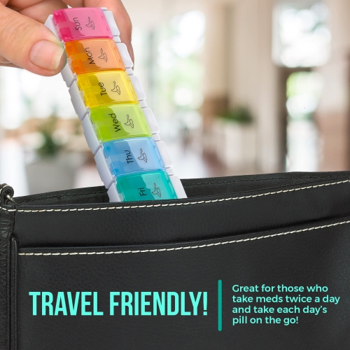 7 Day AM PM Pill Organizer – with Push Button Assisted Open A Daily Travel Pill Box Case Planner and Large Compartments for Medication Vitamins– by