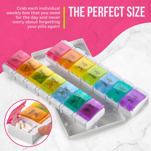 7 Day AM PM Pill Organizer – with Push Button Assisted Open A Daily Travel Pill Box Case Planner and Large Compartments for Medication Vitamins– by