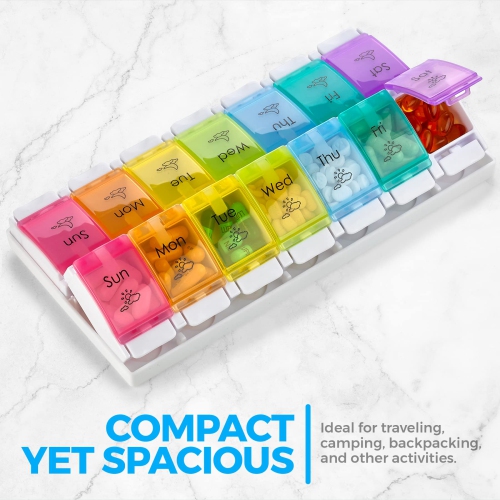 7 Day AM PM Pill Organizer – with Push Button Assisted Open A Daily Travel Pill Box Case Planner and Large Compartments for Medication Vitamins– by