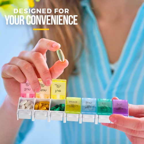 7 Day AM PM Pill Organizer – with Push Button Assisted Open A Daily Travel Pill Box Case Planner and Large Compartments for Medication Vitamins– by
