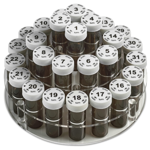 Monthly Pill Bottle Organizer Caddy - 31 Numbered Full-Size Pill Bottles w Child-Proof Lids for Each Day of The Month- Clear Rack and Easy to Use for