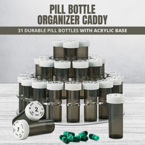 Monthly Pill Bottle Organizer Caddy - 31 Numbered Full-Size Pill Bottles w Child-Proof Lids for Each Day of The Month- Clear Rack and Easy to Use for