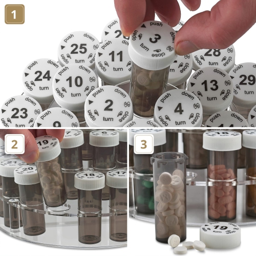 Monthly Pill Bottle Organizer Caddy - 31 Numbered Full-Size Pill Bottles w Child-Proof Lids for Each Day of The Month- Clear Rack and Easy to Use for