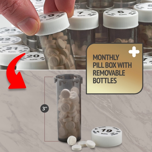 Monthly Pill Bottle Organizer Caddy - 31 Numbered Full-Size Pill Bottles w Child-Proof Lids for Each Day of The Month- Clear Rack and Easy to Use for