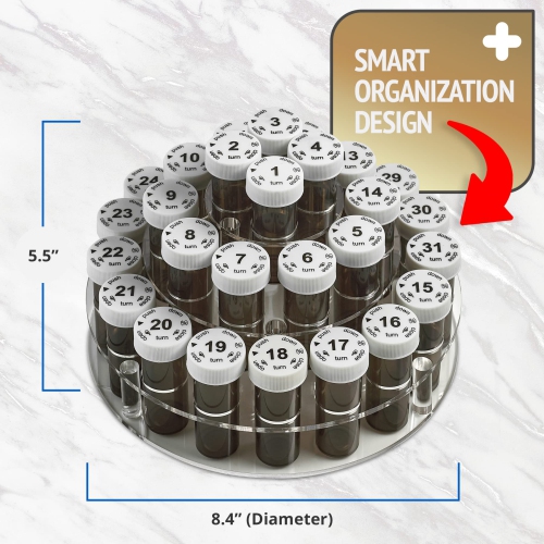 Monthly Pill Bottle Organizer Caddy - 31 Numbered Full-Size Pill Bottles w Child-Proof Lids for Each Day of The Month- Clear Rack and Easy to Use for