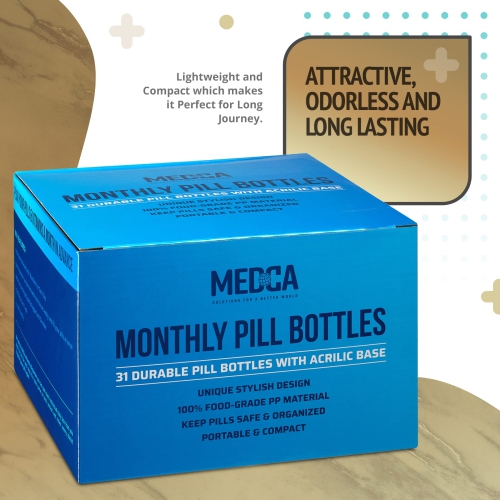 Monthly Pill Bottle Organizer Caddy - 31 Numbered Full-Size Pill Bottles w Child-Proof Lids for Each Day of The Month- Clear Rack and Easy to Use for