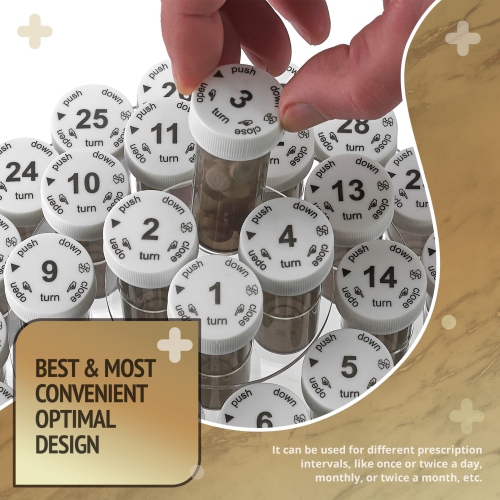 Monthly Pill Bottle Organizer Caddy - 31 Numbered Full-Size Pill Bottles w Child-Proof Lids for Each Day of The Month- Clear Rack and Easy to Use for