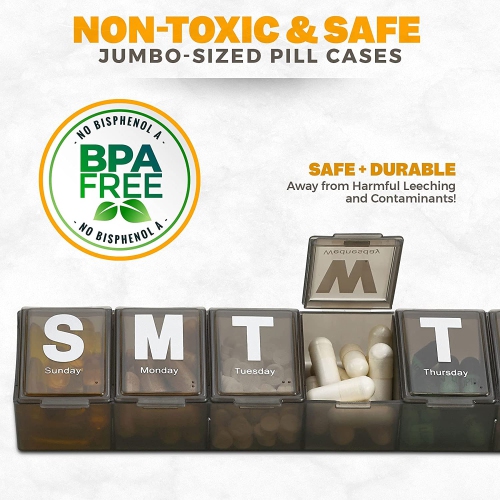 Weekly Pill Organizer - Extra Large Vitamin Container with Jumbo Easy to Read Letters, BPA Free - Daily Travel 7 Day Medication Pill Box Case, (Black)