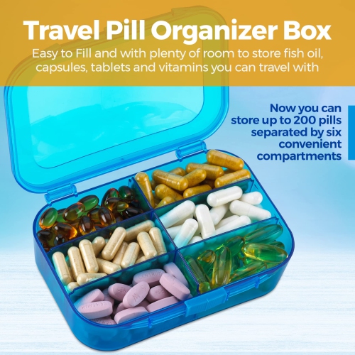 Vitamin Organizer - Travel Pill Organizer Box & 6 Compartment Daily Medicine Case Container for Organizing Your Pills, Medications, Supplements,