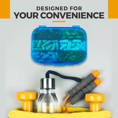 Vitamin Organizer - Travel Pill Organizer Box & 6 Compartment Daily Medicine Case Container for Organizing Your Pills, Medications, Supplements,