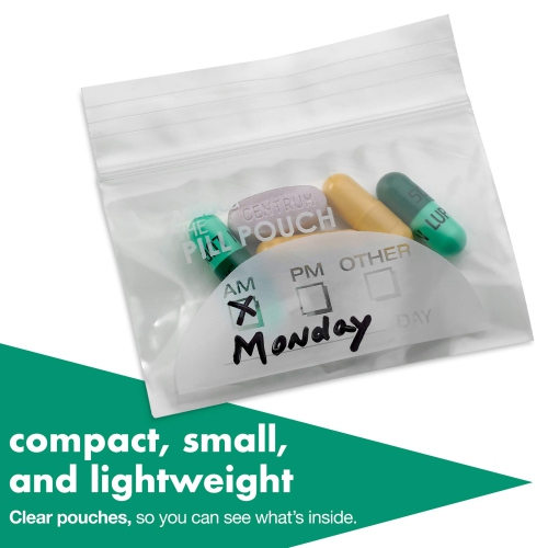 Pill Pouch Bags - 3" x 2.75" - BPA Free, Poly Bag Disposable Zipper Pills Baggies, Daily AM PM Travel Medicine Organizer Storage Pouches, Best Clear