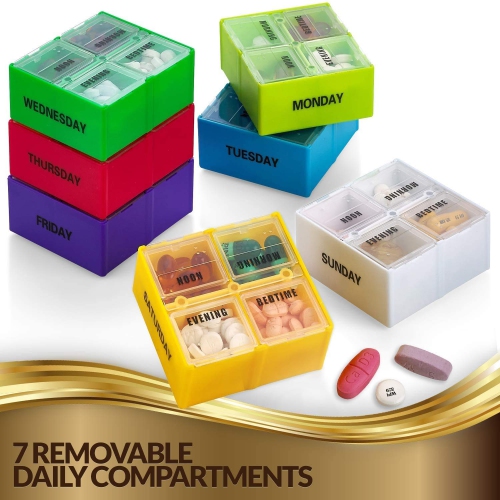 Large Weekly Pill Organizer Box in Gold Leather Case - 7 Day Week Pill Planner Organizers & Medication Reminder with 4 Times a Day - Daily