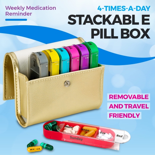 Weekly Travel Pill Organizer - Medication Wallet Pill Box Reminders, Pill Container Dispenser Case, Vitamin Caddy Organizer, for 4 Times A Day, 7