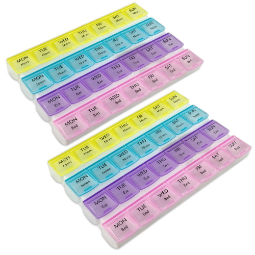 Weekly Pill Organizer - 4-Times-a-Day Pill Planner Pill Box Separates Pills & Vitamins with Daily Morning, Noon, Evening & Night Compartments, Travel