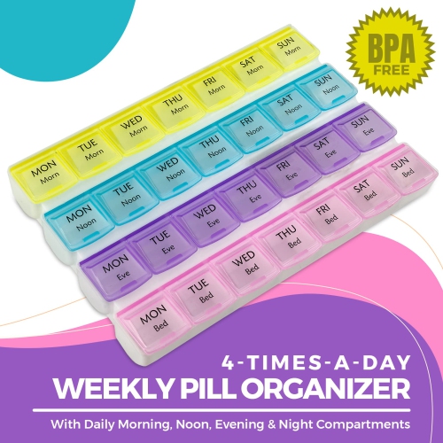 Weekly Pill Organizer - 4-Times-a-Day Pill Planner Pill Box Separates Pills & Vitamins with Daily Morning, Noon, Evening & Night Compartments, Travel