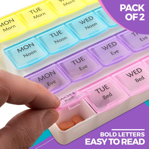 Weekly Pill Organizer - 4-Times-a-Day Pill Planner Pill Box Separates Pills & Vitamins with Daily Morning, Noon, Evening & Night Compartments, Travel