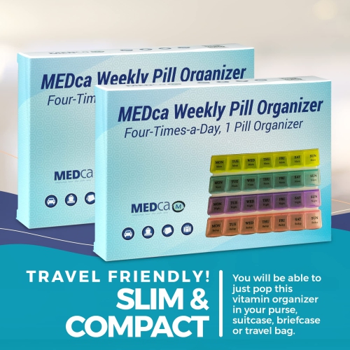 Weekly Pill Organizer - 4-Times-a-Day Pill Planner Pill Box Separates Pills & Vitamins with Daily Morning, Noon, Evening & Night Compartments, Travel