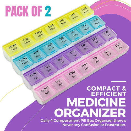 Weekly Pill Organizer - 4-Times-a-Day Pill Planner Pill Box Separates Pills & Vitamins with Daily Morning, Noon, Evening & Night Compartments, Travel